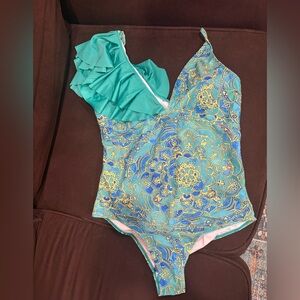 Floral Mosaic One-Shoulder One-Piece Swimsuit in Teal